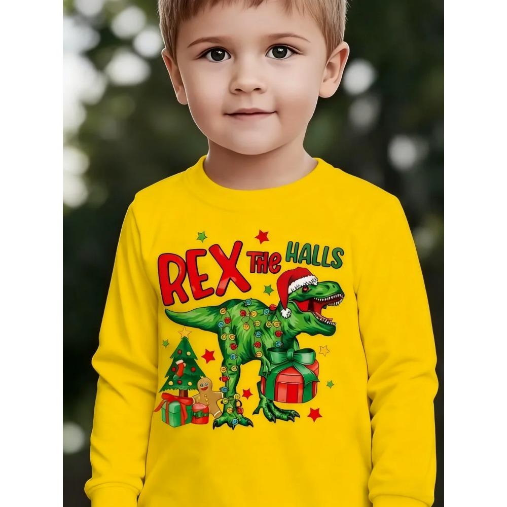

Весенне-осенние футболки с круглым вырезом, 3D-принтом забавного рождественского динозавра, модные повседневные детские футболки с длинным рукавом для мальчиков 160
