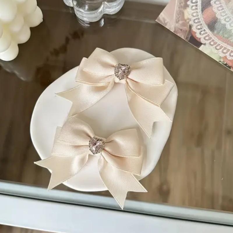 Elegant Heart Diamond Bow Hair Clips - Sweet Princess Double Ponytail Accessories бежевый