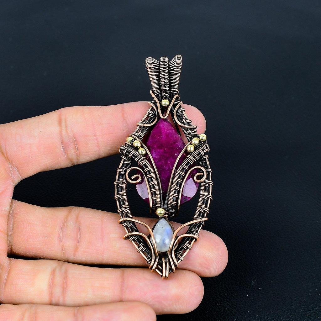 Ruby & Moonstone 999 Copper Wire Wrapped Pendant, Handmade Gemstone Tree Of Life Pendant Jewelry, Gifts For Wife Brand New Pendant