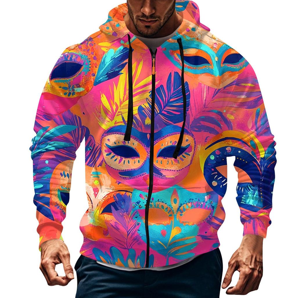 Men's Sports Casual Fleece Hoodie Carnival Print Hoodie Cardigan Zipper Multi-pocket Hoodie Coat