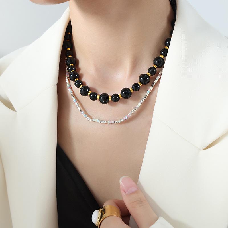 French Light Luxury Natural Stone Black Agate Round Beads Beaded Handmade Necklace Titanium Steel Ot Buckle Versatile Sweet Girl Collarbone Chain