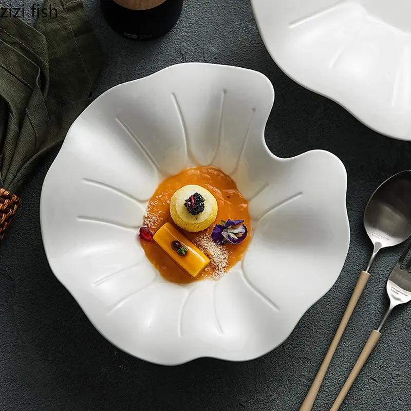 Irregular Lotus Leaf Plate Ceramic Tableware Salad Plate Dessert Snack Plates Thick Soup Plate Artistic Conception Tableware