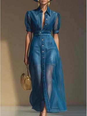 Exquisite V-Neck Short-Sleeved Jacket & Organza Blue Denim Long Skirt Set