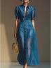 Exquisite V-Neck Short-Sleeved Jacket & Organza Blue Denim Long Skirt Set