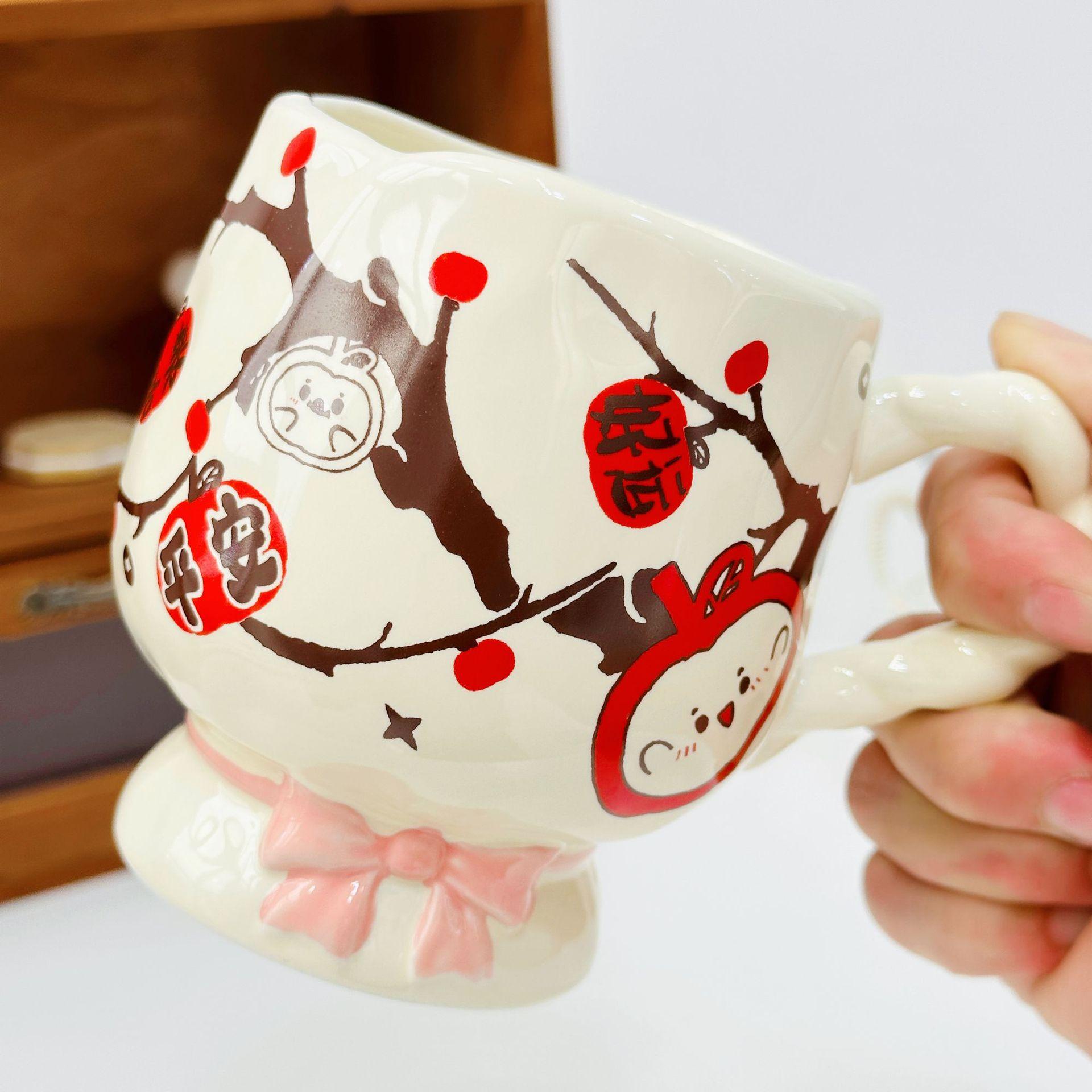 

Large Volume Water Cup Student Cup Adorable Bow High Legged Ceramic Cup with Lid Mug High Appearance Durable Durable 480ML