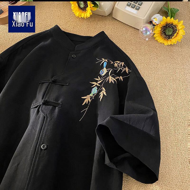 Men s New Chinese Style Cotton Linen Short-Sleeve Shirt L