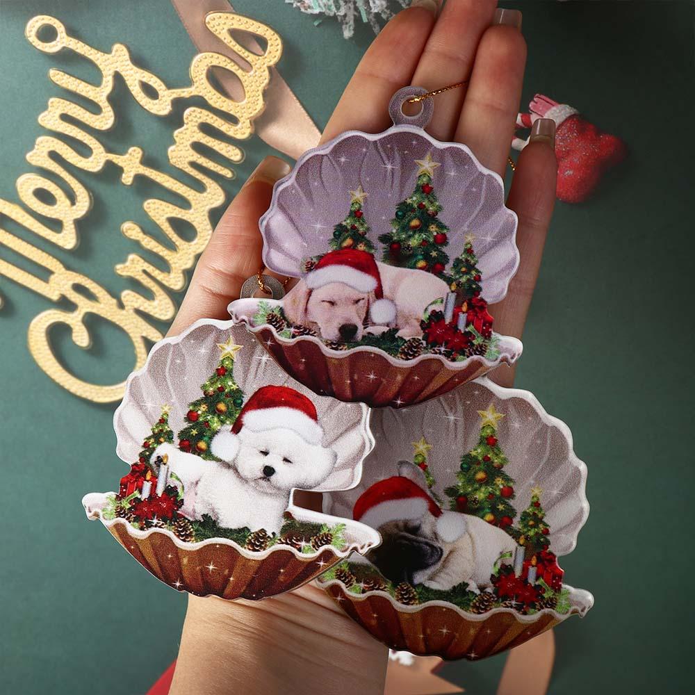 Decorative Shell Sleeping Dog Christmas Ornament 2D Xmas Dog Keychain Christmas