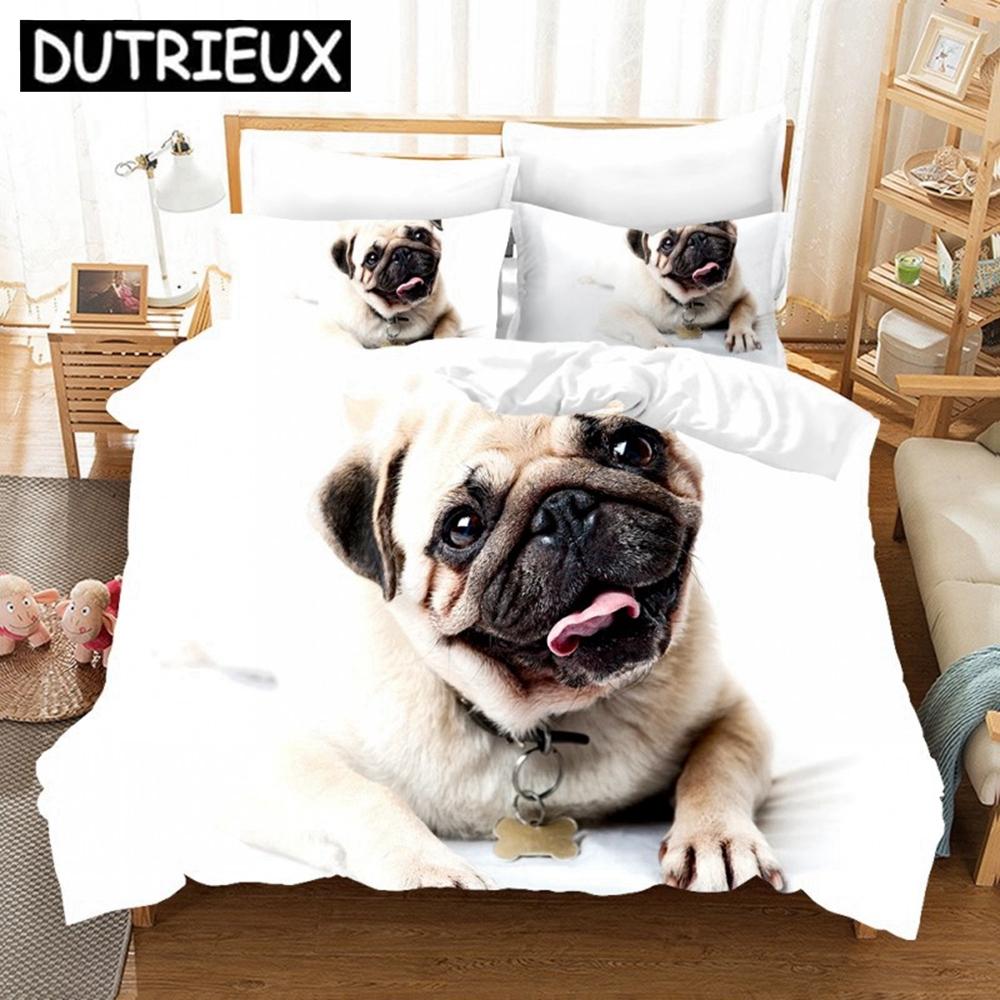 Cute Pugs 3D Duvet Cover King Size Animal Dog Printed Black White Quilt Cover Pillowcase Set Custom Bed Linen Kids Bedding Set