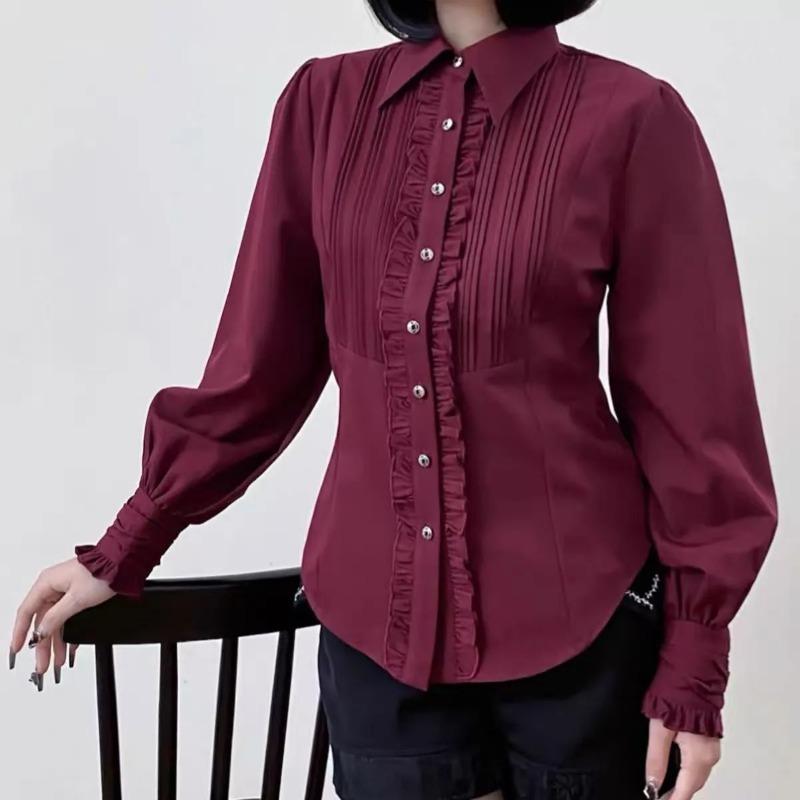 

Женская Белая Винтажная Блузка в Викторианском Стиле с Воланами и Длинным Рукавом S красный