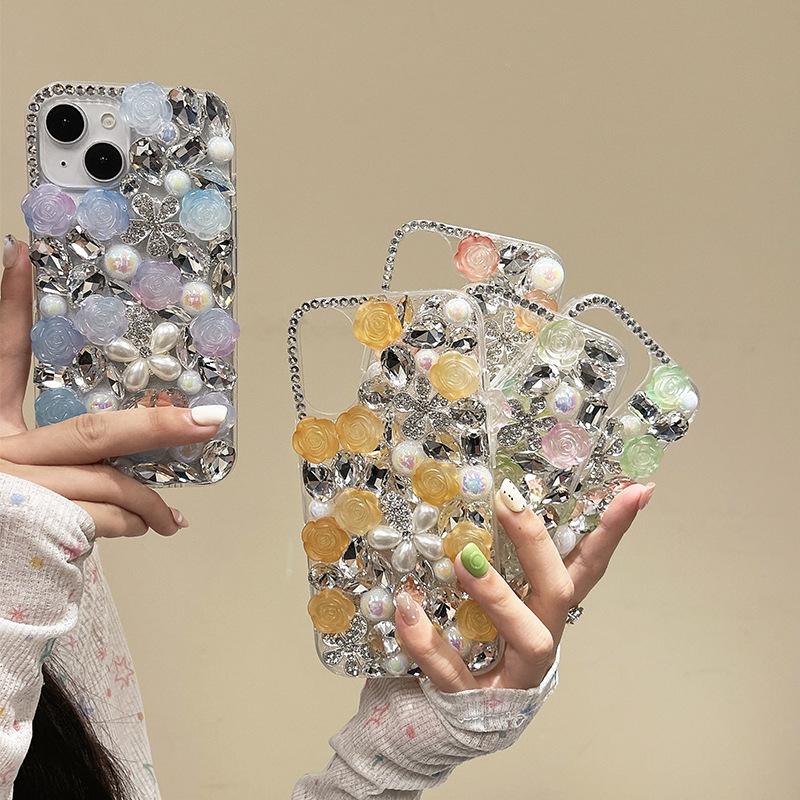 For IPhone17promax Rhinestone Phone Case for Apple 15 Pearl Flower Luxury 14 Rose Flower 13 Hard Case