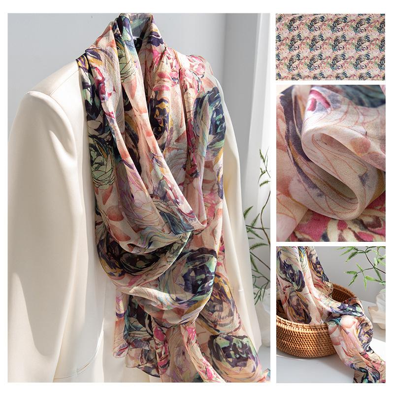 Long Strips of Silk Scarf  High-end Sense Mulberry Silk Scarf  Women's Fresh Small Floral Thin Style  Atmosphere  Big Shawl