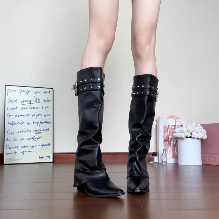 

American Spice Girl Vintage Rivet Pile Knight Boots Women s 2025 Autumn and Winter Pointed Thick Heel Skinny Tall Pants Boots 40 чёрный