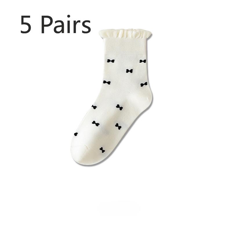 

5 пар кружевных носков, носки до середины икры, весенние и летние, тонкие хлопковые носки, дышащие, универсальные, с деревянными ушками, с маленьким бантом, женские 5 pairs бежевый
