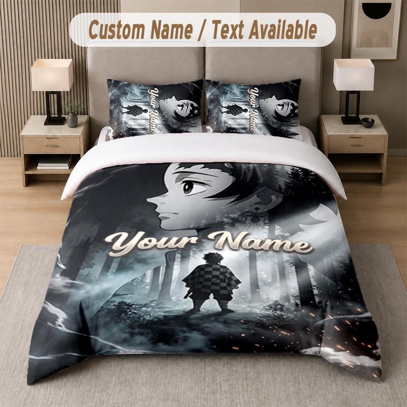 Demon Slayer 3Pcs Bedding Set, Personalized Custom Name Text, 1 Duvet Cover & 2 Pillowcases For Bedroom