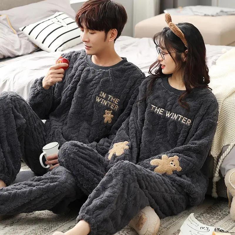 New Coral Velvet Couple Pajamas Women Thickened Autumn Winter Sleepwear Plus Velvet Flannel Men Round Collar Homewear Suit