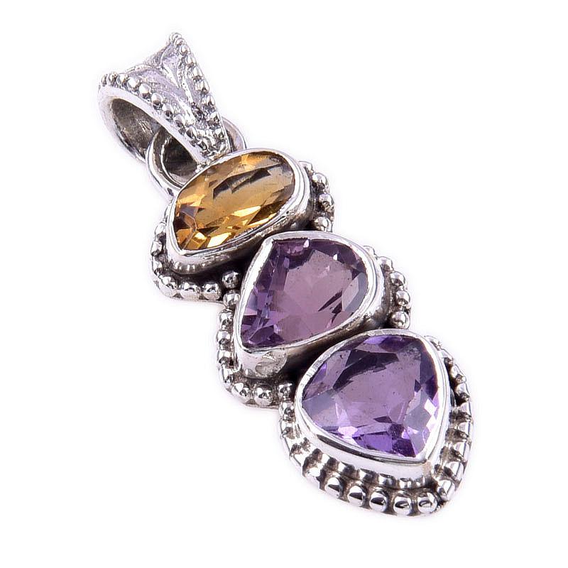 Natural Pink Amethyst, Citrine 925 Solid Sterling Silver Pendant 1.25'' H3t39
