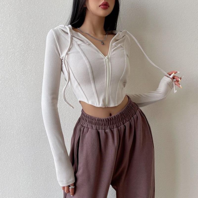 Sportwear Blouse Pure Desire Style Zipper Hooded T-shirt for Women's Spring and Summer New Style Slim Fit Waist Slimming Short Sleeved Jacket Coats