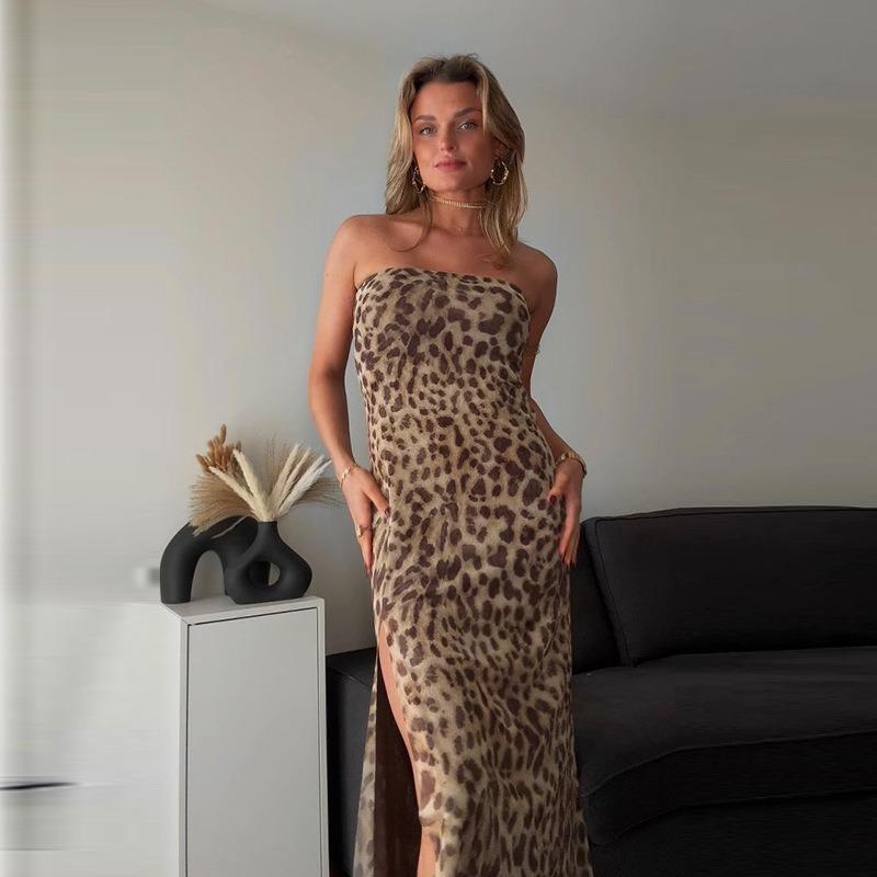 Women's Summer Leopard Print Sexy Strapless One Neck Side Slit Evening Dresses