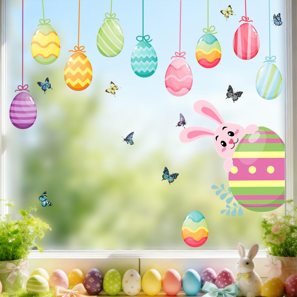 Easter Eggs and Bunny Static Cling Window Stickers Double Sided No Glue for Shop Window Home Decor Removable Reusable
