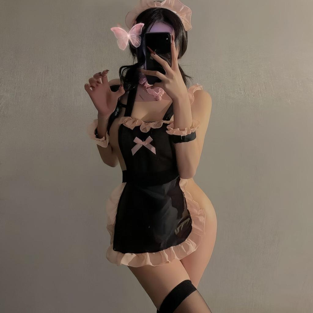 Large size sex clothes, sexy fun clothes, perspective backless lace circumference, maid one-piece uniform set.