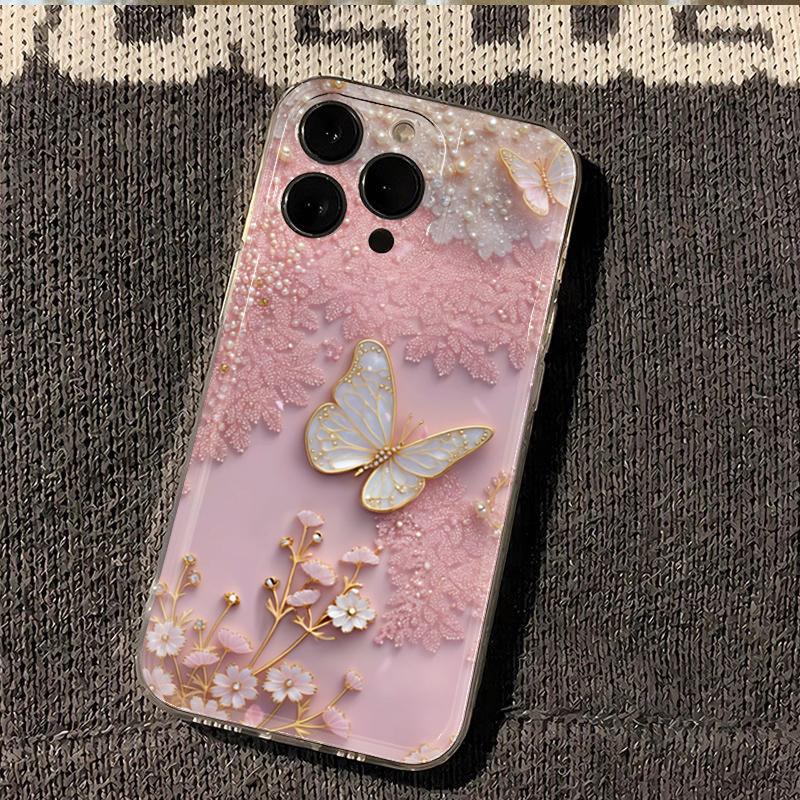 Pink Lace Butterfly Design Clear Phone Case For iPhone 17 16 15 14 Pro Max 13 12 11 XS X XR 7 8 Plus 16e 17 Air Soft TPU Cover