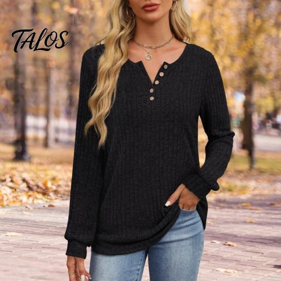 Damen Langarm Tops Geripptes Top, Lockere Freizeitbluse mit Knopf, Einfarbiger Pullover Rundhals-T-Shirt für Frühling Herbst Knopf