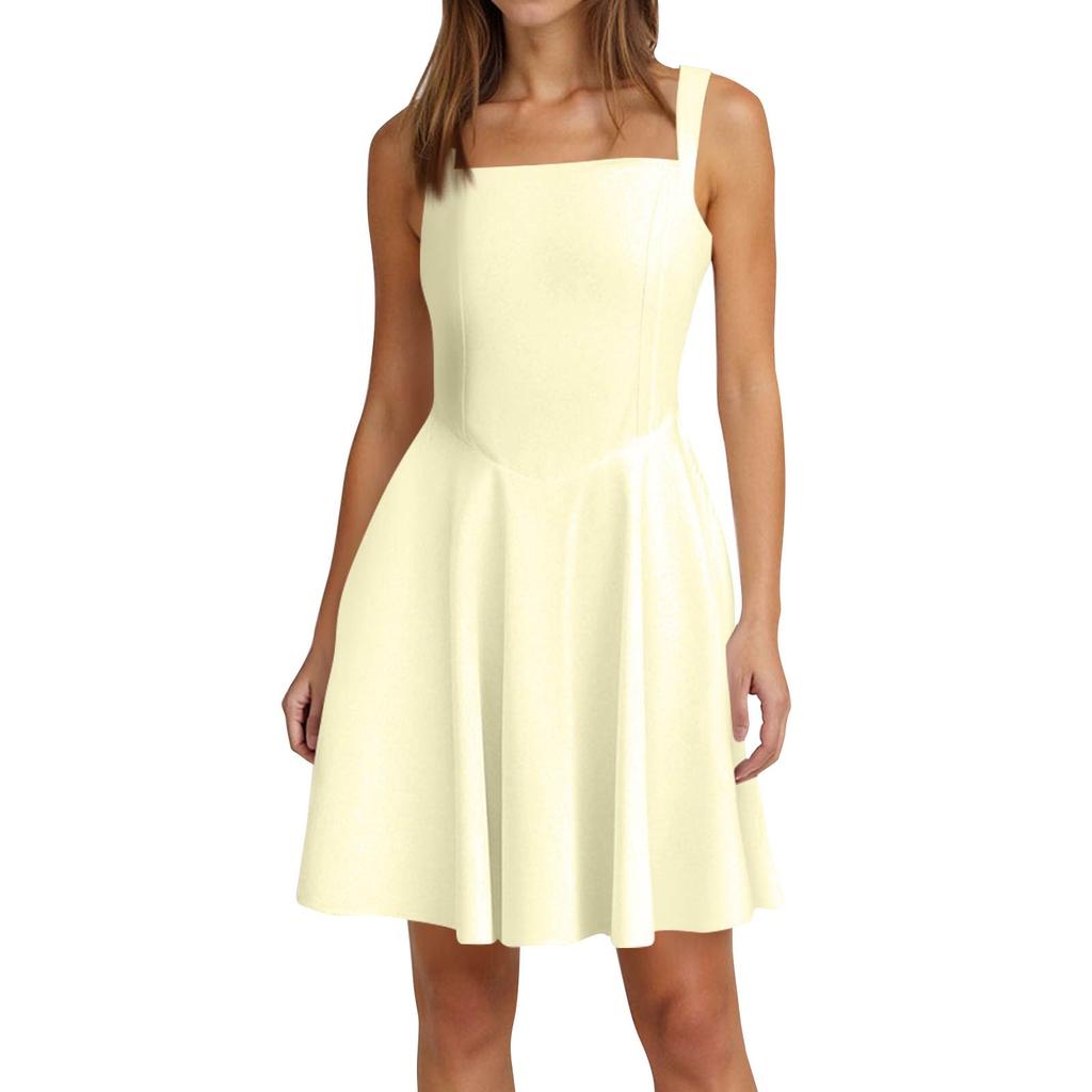 Women's Spring Summer Casual Square Neck Colour Dress Sleeveless Dresses