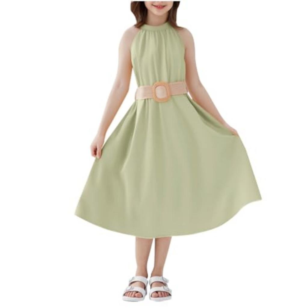 Girls Casual -Neck Sleeveless Waist-defined One-Piece Dress
