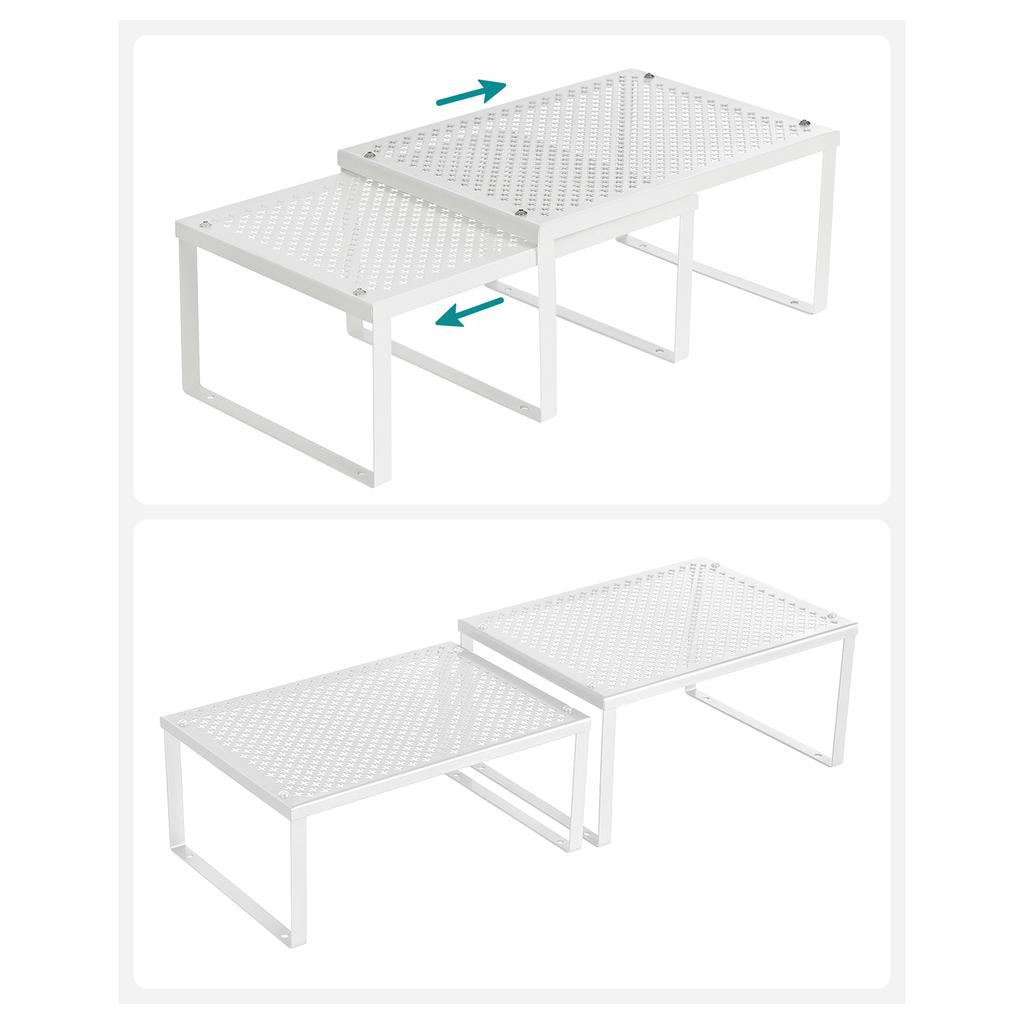 SONGMICS Cabinet Shelf Organizer and Kitchen Shelf Bundle, 4 Stackable Kitchen Cabinet Shelves, Expandable, White and Silver U