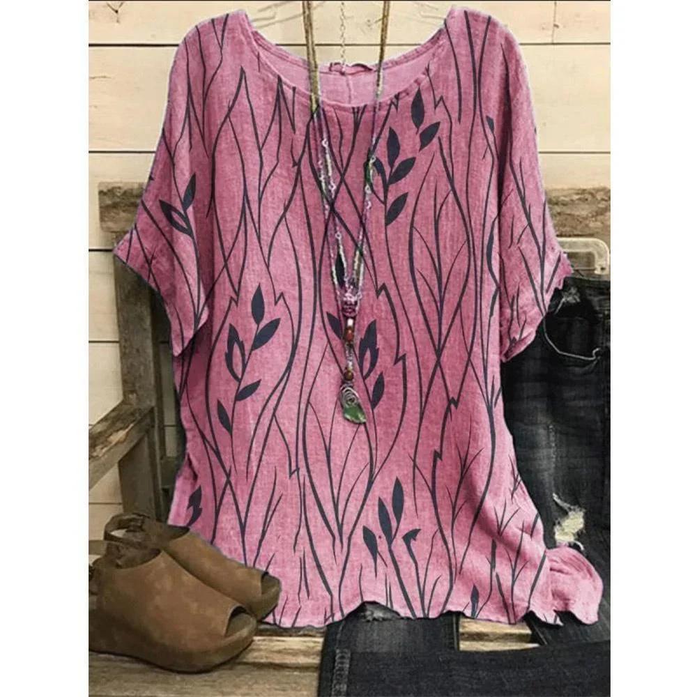 

Top Shirts Women Casual Loose Leaves Print Blouse T-shirt Ladies Fashion Vintage Blouse Unique Half Sleeves S