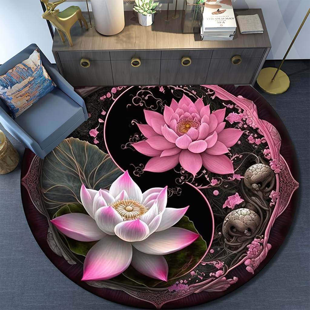 Yin Yang Lotus Round Rug, Non-Slip Washable Polyester Mat for Bedroom Living Room Office Nursery, Home Decor Carpet