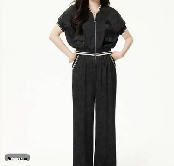

2026 Summer Fashion Casual Two-Piece Set: Versatile Top & Solid Wide-Leg Pants M (45-54 kg) чёрный