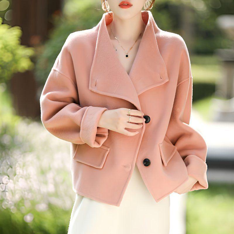 Women's Petite Double-Faced Cashmere Coat - Short Stand Collar, Pure Wool, Loose Slimming Fit for Autumn/Winter