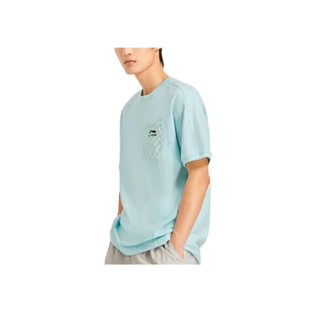 Li-Ning X Rooovie Artist Collaboration Colorblock Checkerboard Pocket Print Loose Short Sleeve T-Shirt Unisex Tops Ice-Blue AHSSB57-2
