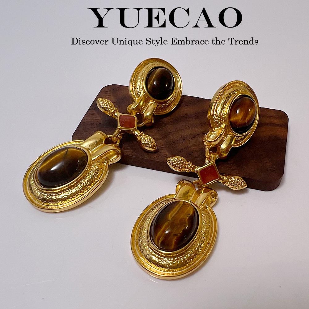 Vintage Französische Antike Gold Tigerauge Stein Ohrringe