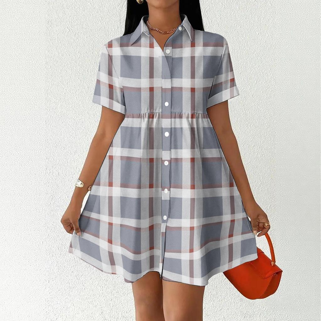 Women’s Casual Loose Fit Shirt Dress Button Front Stand Collar Plaid Pattern Short Sleeve Relaxed Tunic Dress for Daily Wear