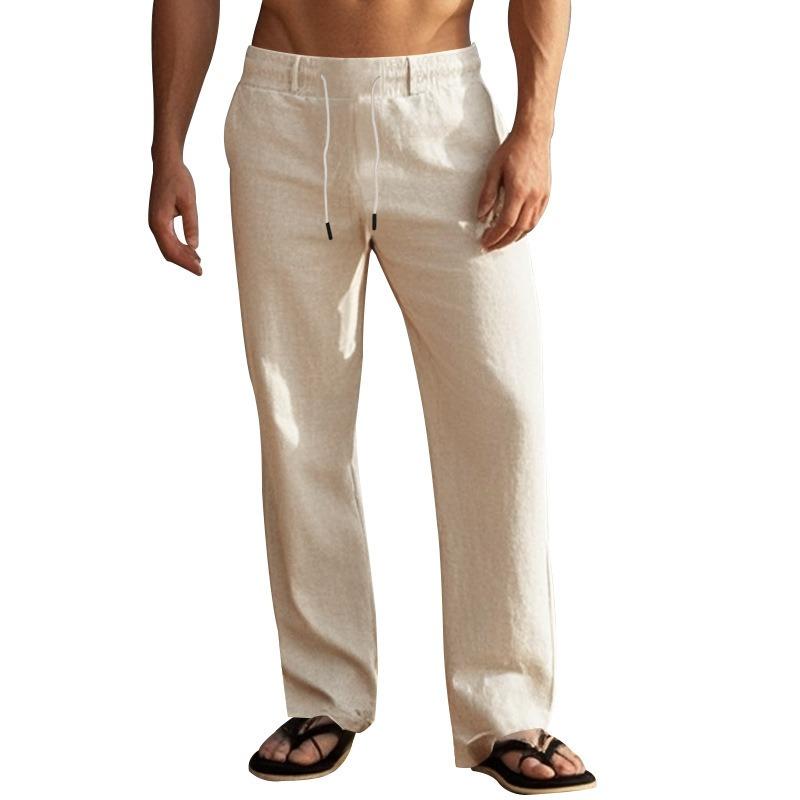 Men American Drawstring Simple Solid Color Casual Linen Cotton Straight Long Pants