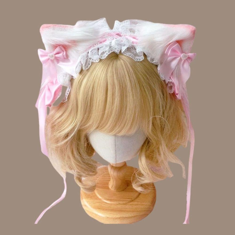 Ribbon Bow Ruffled Headband Jk Barrettes Cute Lolita Lace Headband  Cosplay Accessory розовый