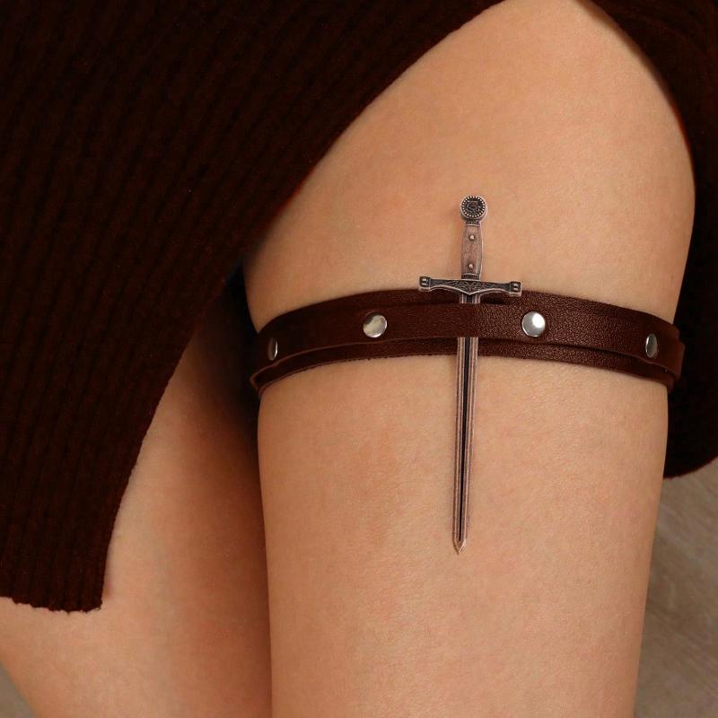 1Set Punk Rivet PU Leather Leg Garter Strap, Adjustable Elastic Thigh Garter Belts, Compatible With Various Metal Sword Props, Sexy Halloween Decor