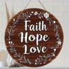 2D Flat 8IN Round Wood Sign Faith Hope Love Wreath Church Home Cafe Decor Wedding Mother Day Gift