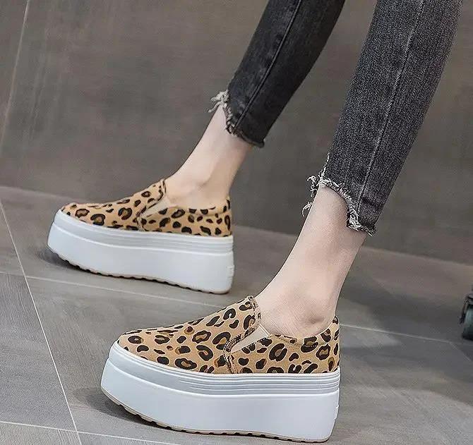 Fashion 2025 Size 34-39 Women Casual Loafers Leopard Flats Shoes Real Leather Platform Summer Slip-On Slouchy Mid Heels Daily