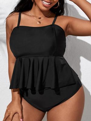 2025 Effen Sexy Strapped 2-delige Plus Size Tankini Set Vrouwen Hoge Taille Grote Grote Badpak Braziliaans Mollig Curvy Badpak