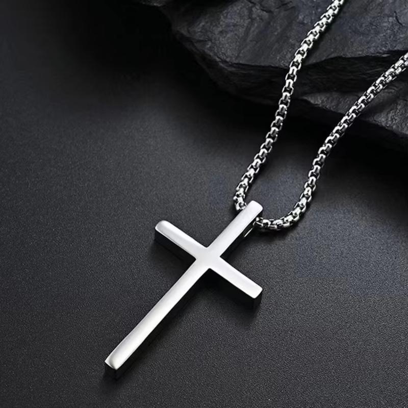 Stainless Steel Cross Necklace for Men Boys,Silver Color Plain Cross Pendant Collar,Hiphop Classic Punk Jewelry Gift