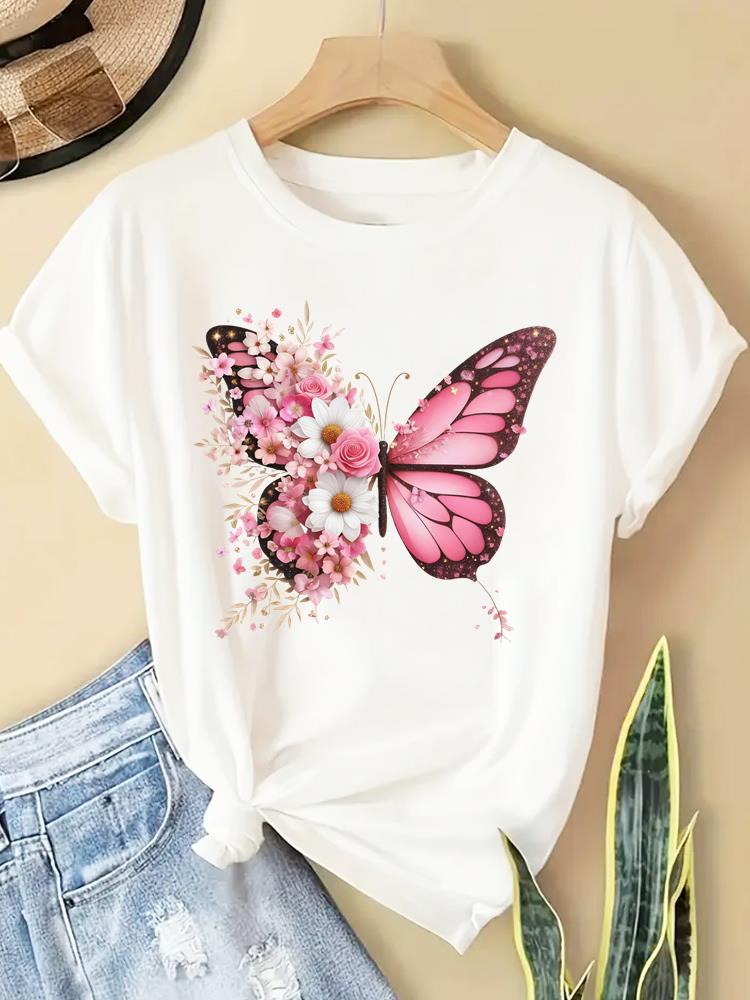 

(Asian Size) flower butterfly cute Printed Clothing Casual T Shirt Lady Female Top Fashion Graphic Short Sleeve T-shirts Women Tee S