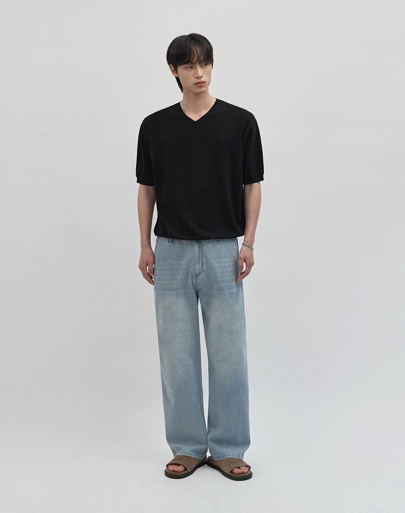 WORK ON BODY OFF Cool Bamboo Semi-Overfit V-Neck Short Sleeve Knit [Black]