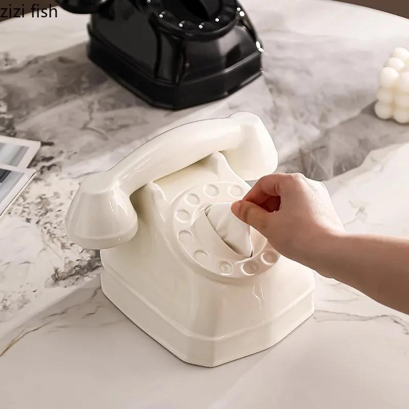 Telephone Shape Ceramic Tissue Box Napkin Paper Box Desktop Removable Tissue Box Tissue Storage Boxes Creative Tissues Container