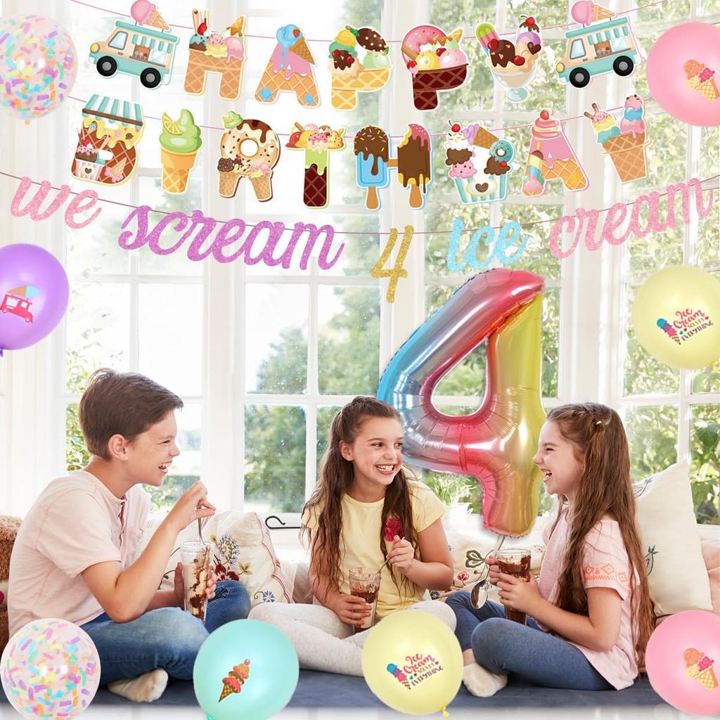 Ice Cream Birthday Party Decorations for 4 Girls Donut 4th Birthday Party Decorations We Scream 4 Ice Cream Banner Cake Topper Cupcake Toppers