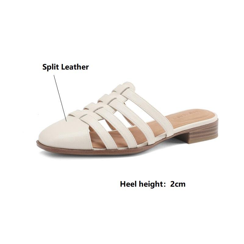 Fashion 2025 New Summer Shoes Women Square Toe Shoes for Women Split Leather Women Slippers Low Heels Mules Handmade Gladiator Shoes