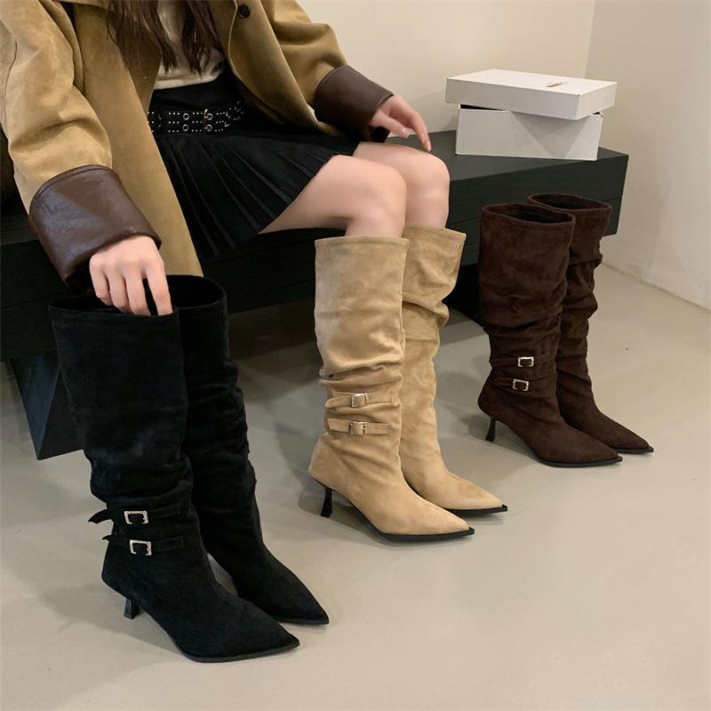 Rich Long Boots Retro Pointed Belt Buckle High Heel Wrinkled Long Boots Women's Autumn and Winter Suede Cowboy Stacking Boots