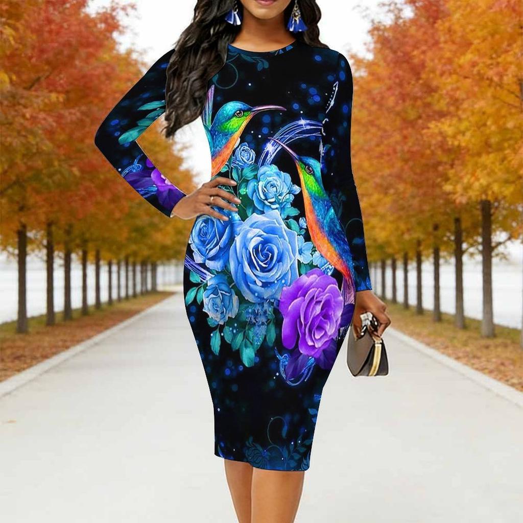 Plus Size Women Long Sleeve Round Neck Midi Dress Blue Tone Rose And Butterfly Print Fitted Bodycon Dress